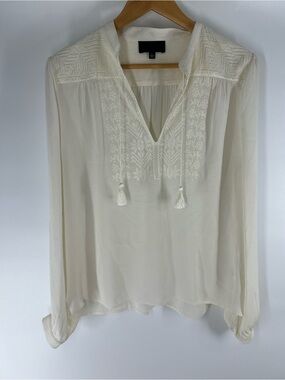 Nili Lotan Silk Ivory Embroidered Tassel V-Neck Blouse